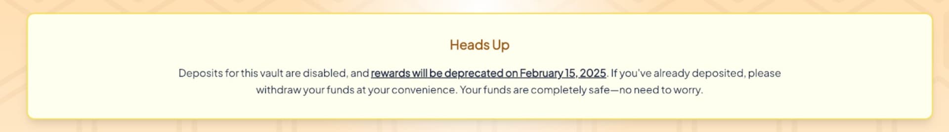 Usual vault deprecation notice — deposits disabled, rewards deprecated February 15, 2025