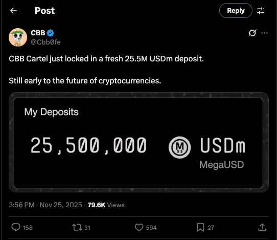 Top depositor leaderboard showing whale concentration — largest single deposit $40M, CBB at $25.5M — top 10 addresses capturing over 30 percent of total deposits