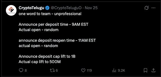 Community backlash — announced deposit time 9AM EST actual open random, announced reopen 11AM EST actual open random, announced cap lift to 1B actual cap 500M