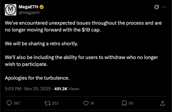 MegaETH halting the $1B cap raise — no longer moving forward, retro to follow, ability for users to withdraw included — 451K views