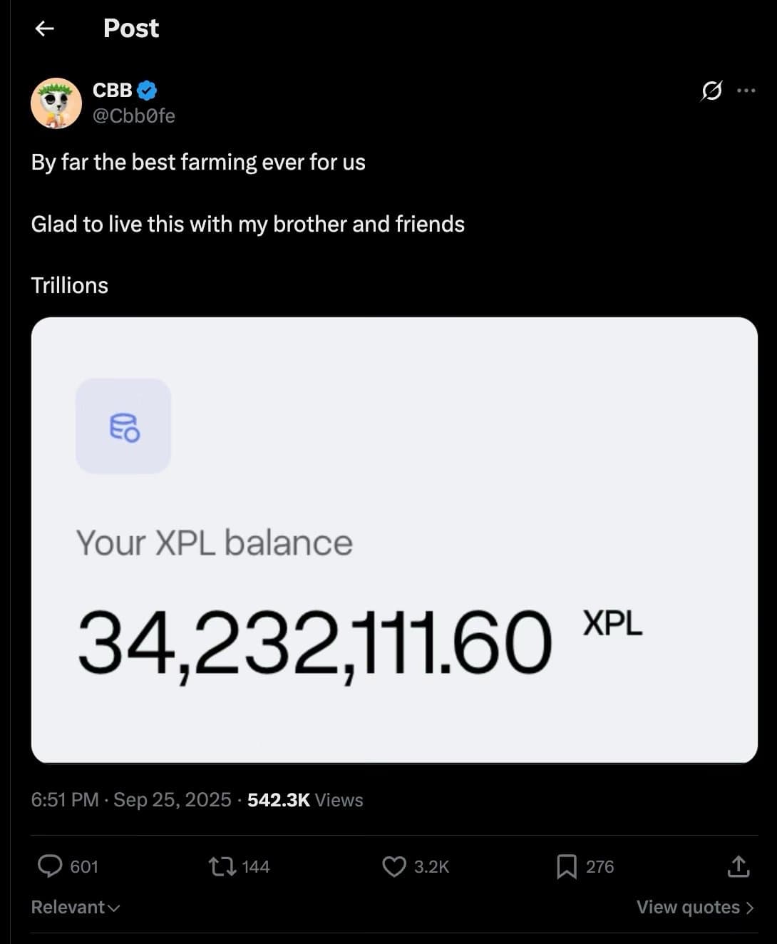 CBB tweet showing 34.2M XPL balance on TGE day calling it "by far the best farming ever"