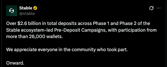 Stable announcing over $2.6B in total deposits across Phase 1 and Phase 2, participation from more than 26,000 wallets